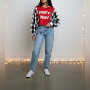 Reworked Upcycle Grunge Oversize Crop Santa Baby ChristmasFlannel Sweater M/L